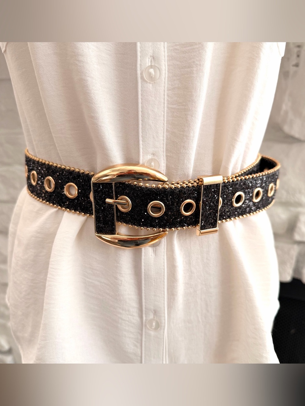 Black Glitter Gold Grommet Belt Rockabilly Cowgirl Glam Statement Belt